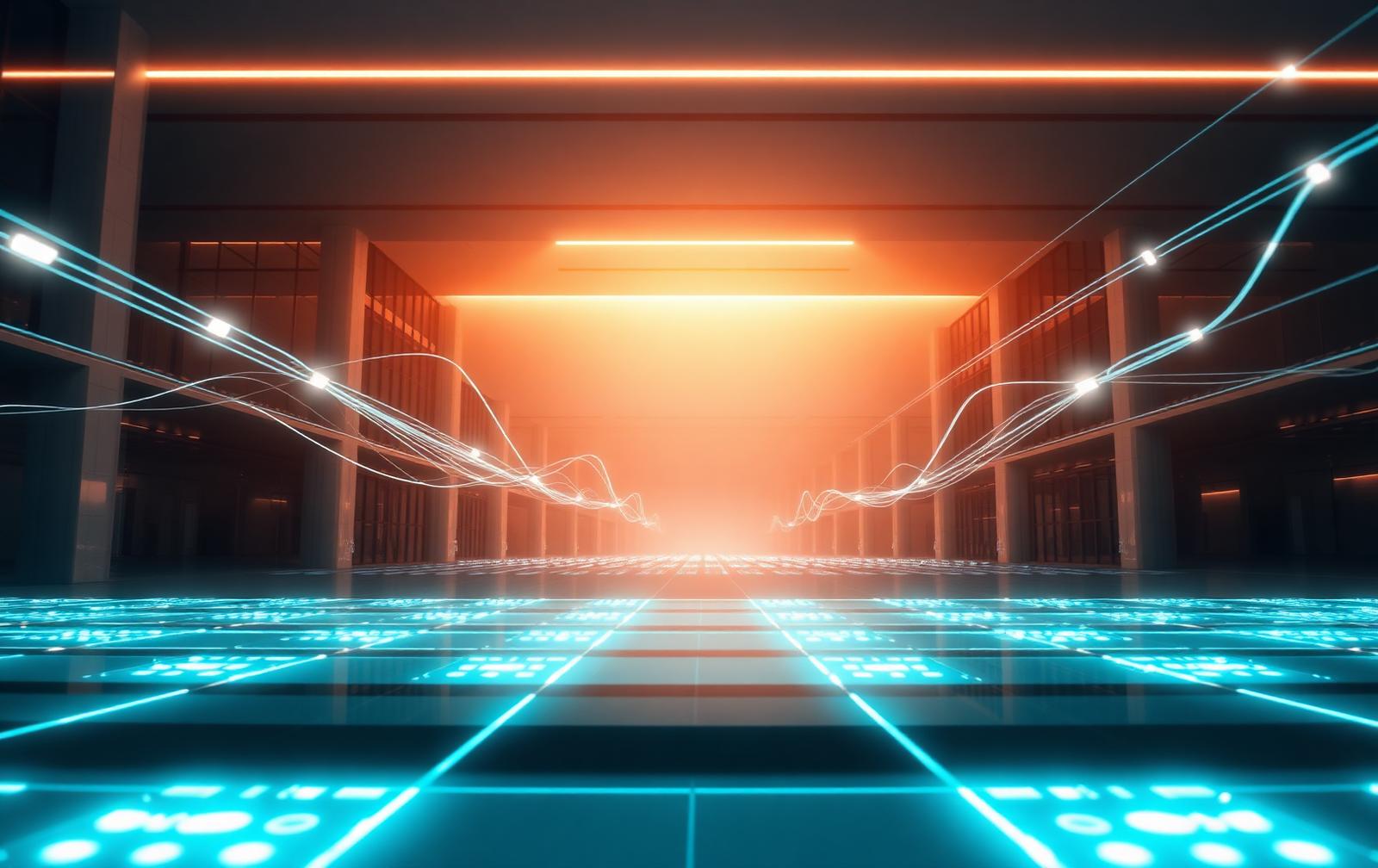 Abstract visualization of operational signals flowing between buildings