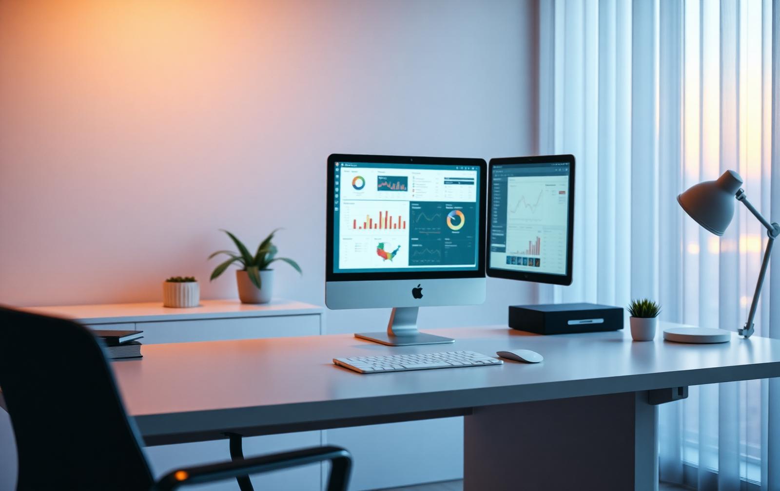 A calm, well-designed property management workspace at golden hour