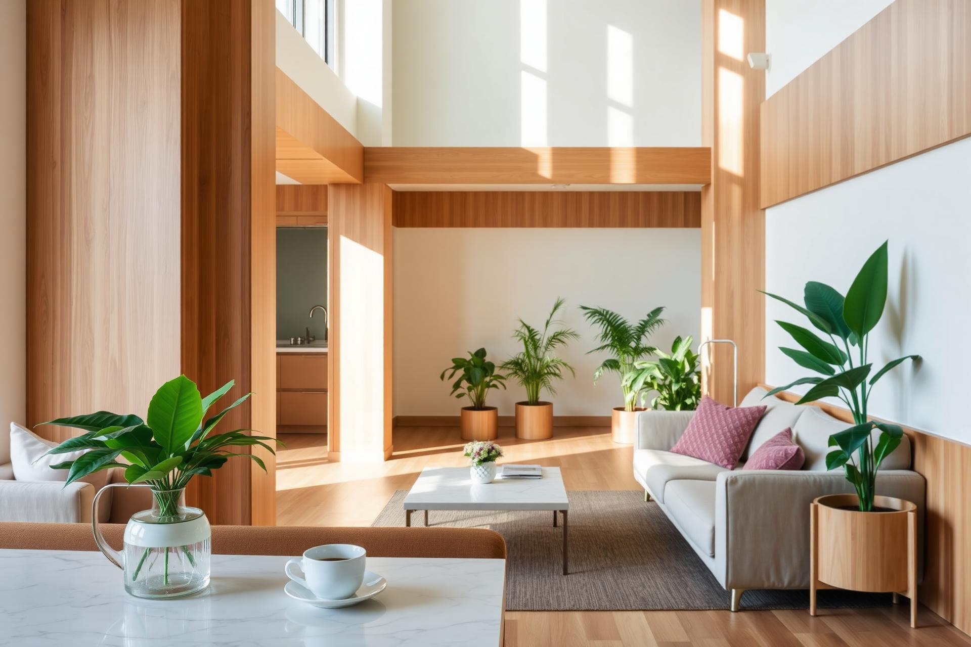 Warm modern workplace lounge with plants and soft morning light