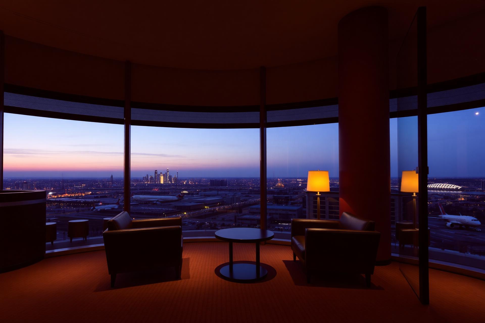 Executive lounge at dusk with city view