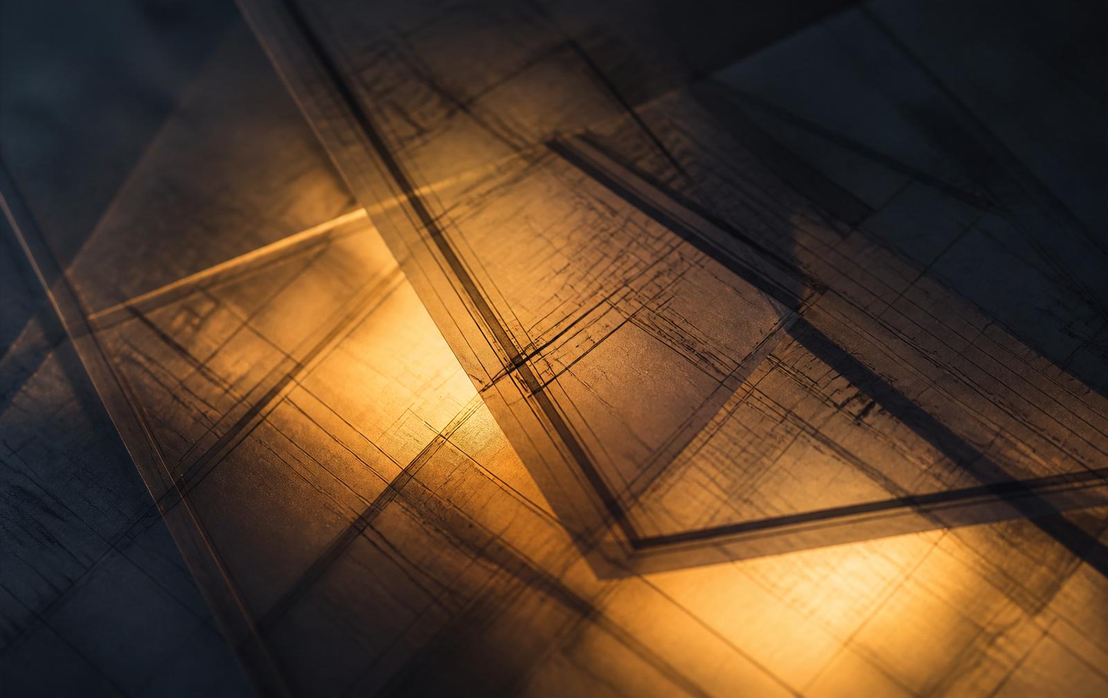 Overlapping translucent architectural layers with warm light